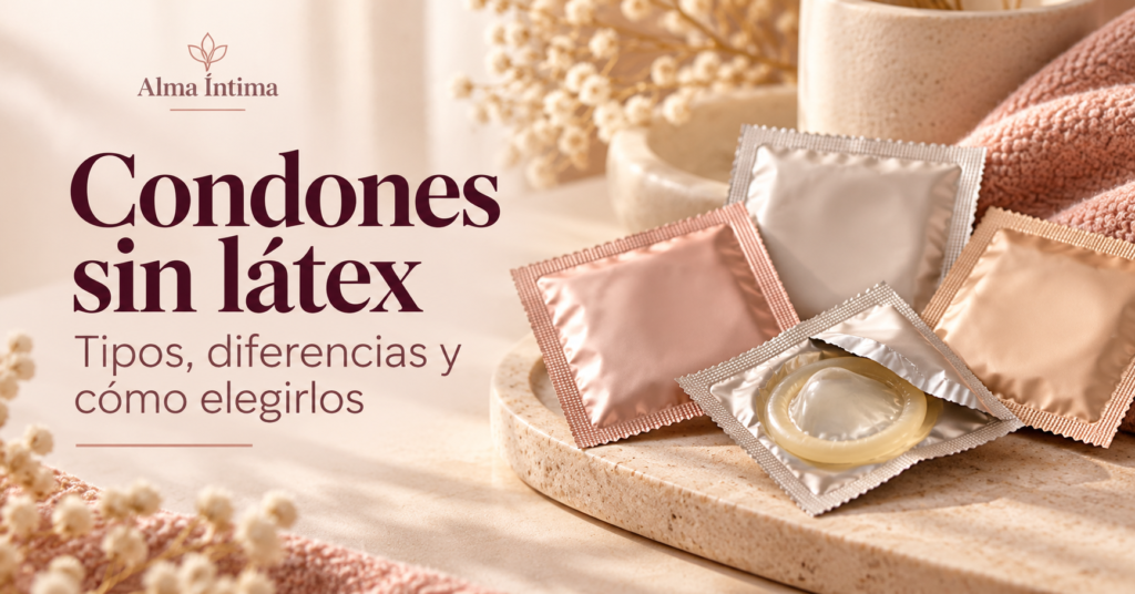 Condones sin látex en sobres individuales, con diseño editorial beige y título del artículo de Alma Íntima
