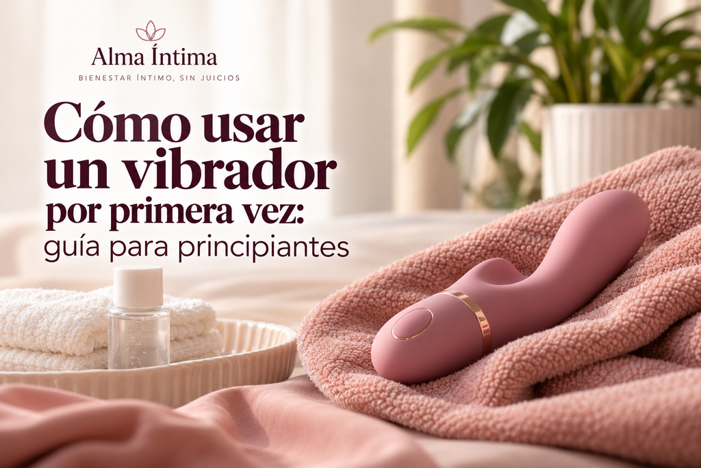 Vibrador rosa sobre una toalla junto a artículos de cuidado íntimo, portada de una guía para principiantes.