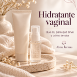 Envases de hidratante vaginal sobre una bandeja beige, con flores y elementos decorativos en tonos cálidos.