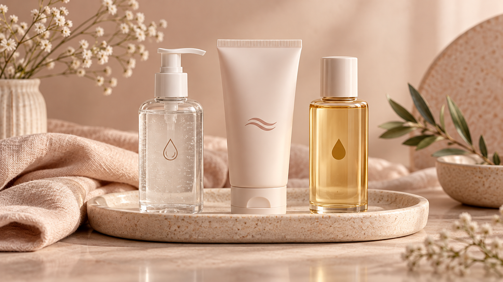 “Envases genéricos de lubricante íntimo en tonos beige que representan fórmulas a base de agua, silicona y aceite.”