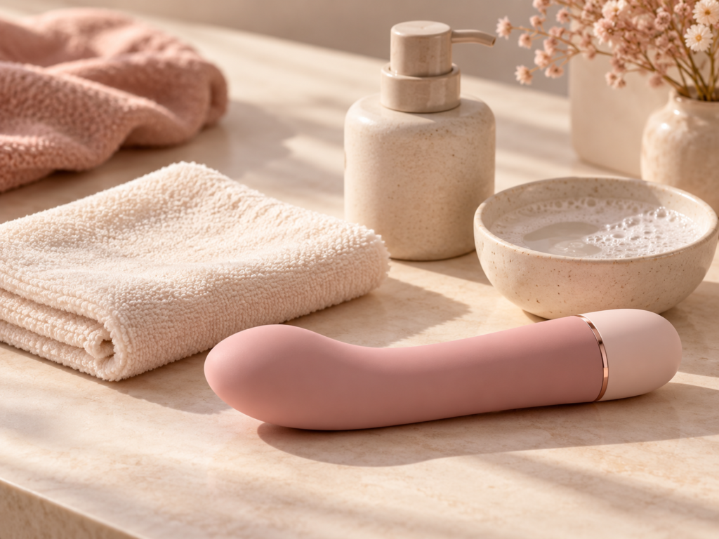 Vibrador rosa junto a una toalla limpia y productos de limpieza sobre una superficie clara.