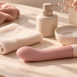 Vibrador rosa junto a una toalla limpia y productos de limpieza sobre una superficie clara.