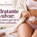 Imagen editorial de una mujer sosteniendo un envase de crema para la guía sobre hidratante vulvar de Alma Íntima.