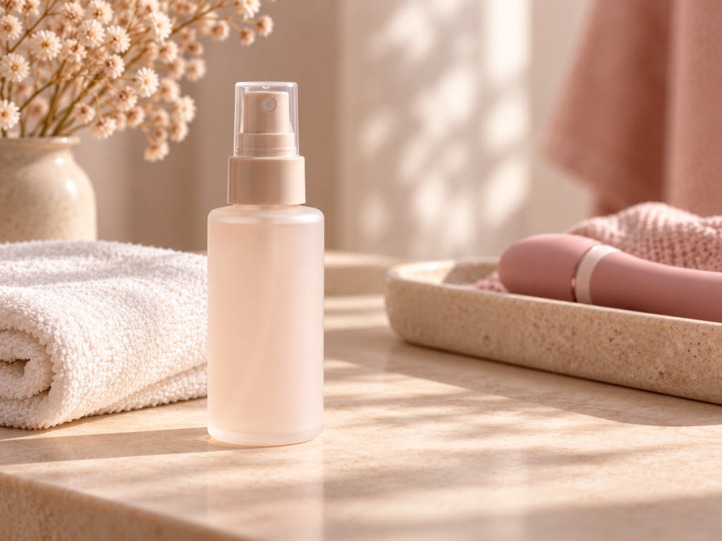 Envase de limpiador de juguetes sexuales en spray junto a un accesorio íntimo rosa y una toalla blanca.