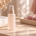 Envase de limpiador de juguetes sexuales en spray junto a un accesorio íntimo rosa y una toalla blanca.