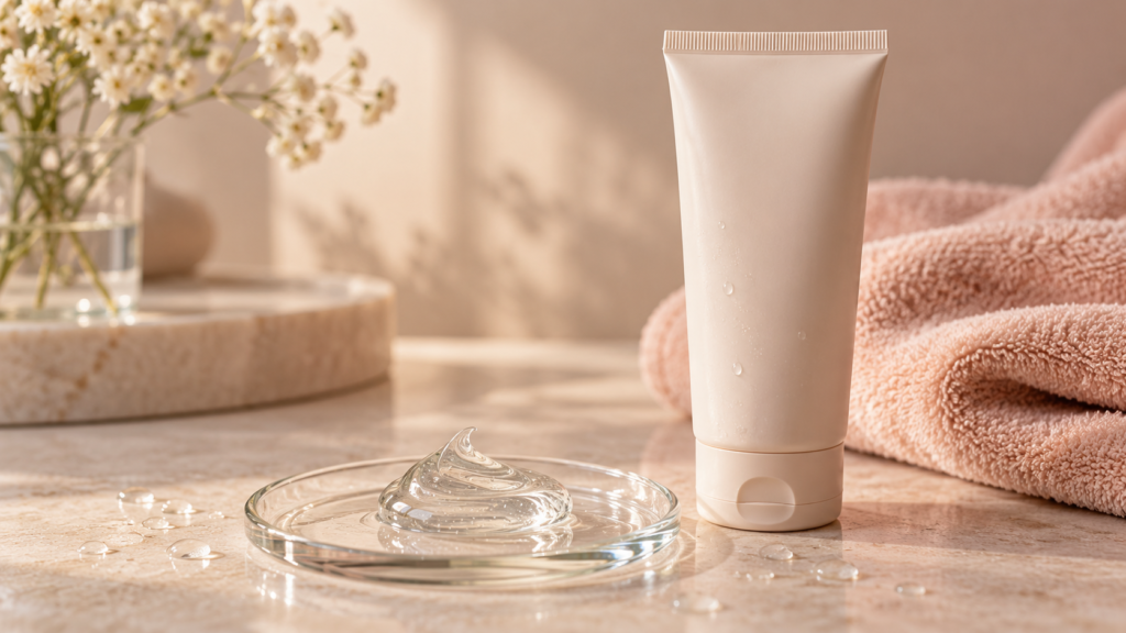 Lubricante a base de agua sobre superficie de vidrio junto a envase de cuidado íntimo