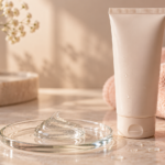 Lubricante a base de agua sobre superficie de vidrio junto a envase de cuidado íntimo