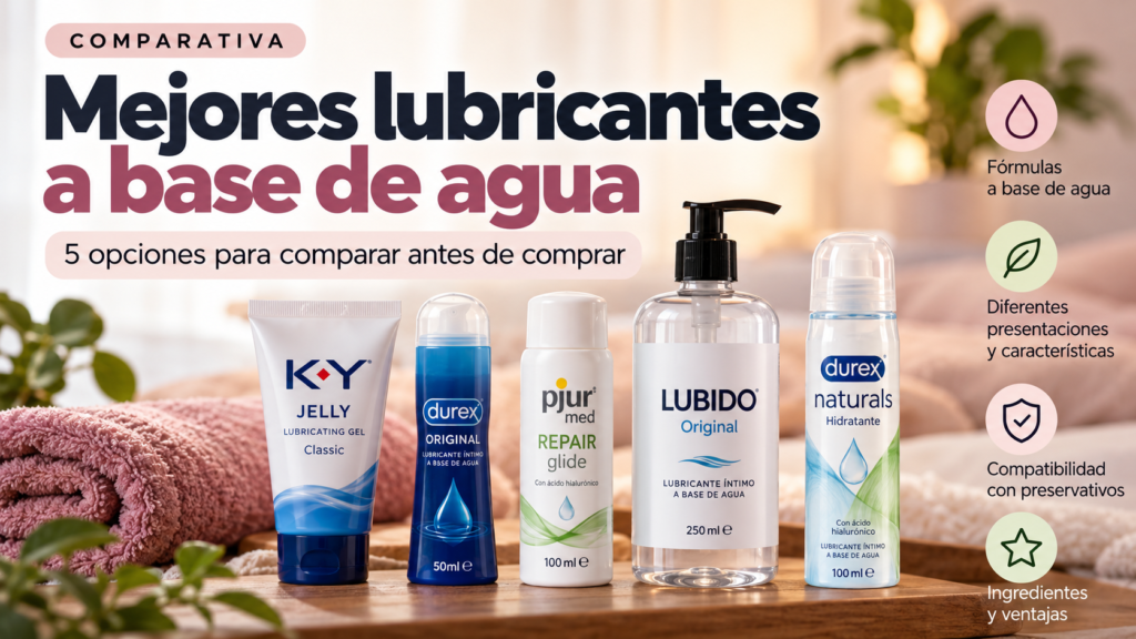 Imagen de cinco lubricantes a base de agua para una comparativa de productos.